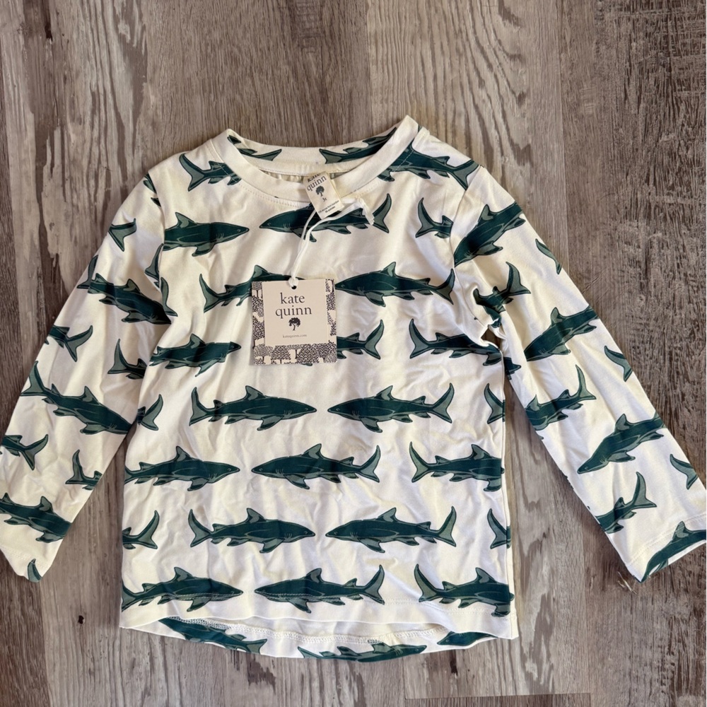 Kate Quinn White Shirt with Green Shark Design